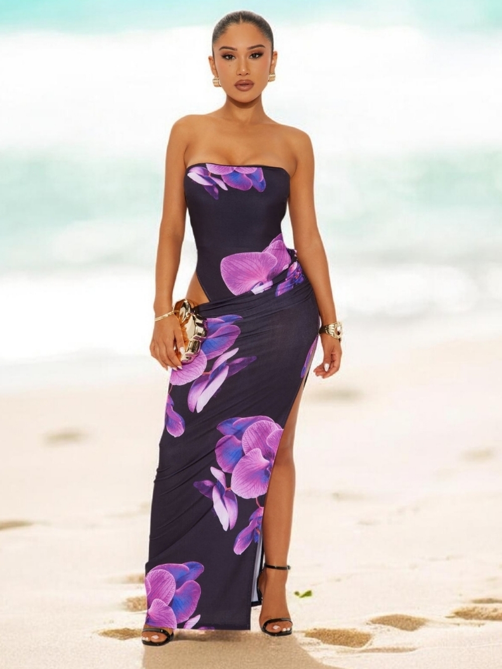 Strapless Black Maxi Dress with Purple Floral Print. NWT . Size S and XL